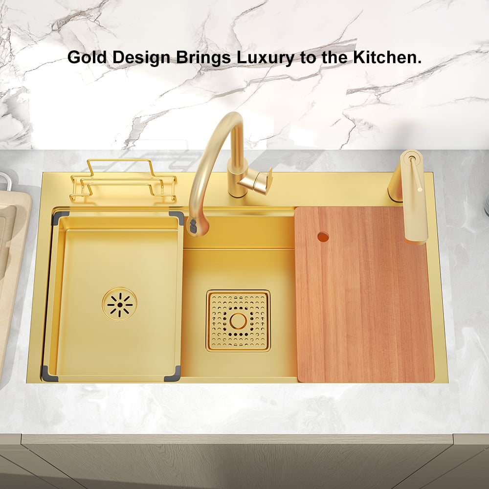 HMR - 31.5" Gold Drop-in Workstation Kitchen Sink with Accessories Single Bowl Stainless Steel