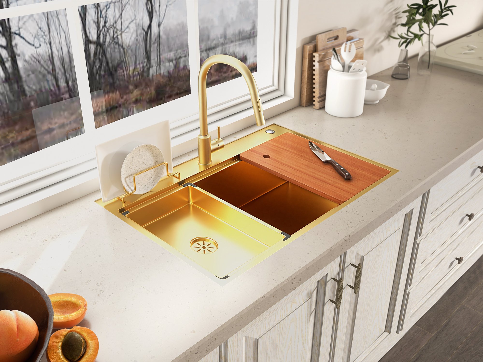 HMR - 31.5" Gold Drop-in Workstation Kitchen Sink with Accessories Single Bowl Stainless Steel