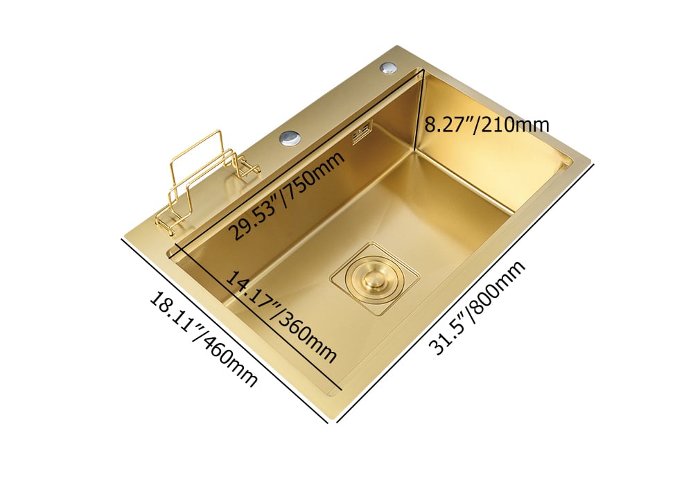HMR - 31.5" Gold Drop-in Workstation Kitchen Sink with Accessories Single Bowl Stainless Steel