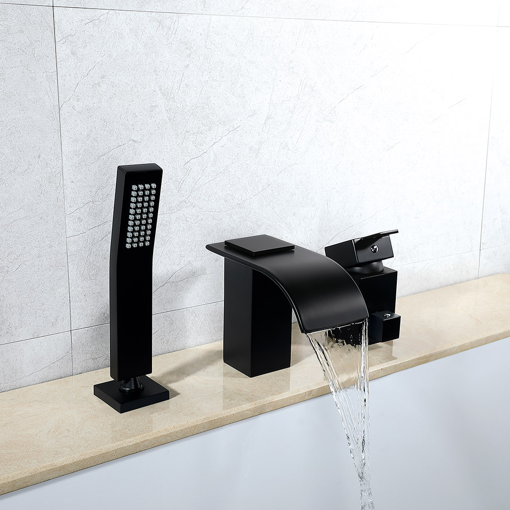 HMR - Modern Deck Mounted Waterfall Black Roman Tub Faucet & Hand Shower