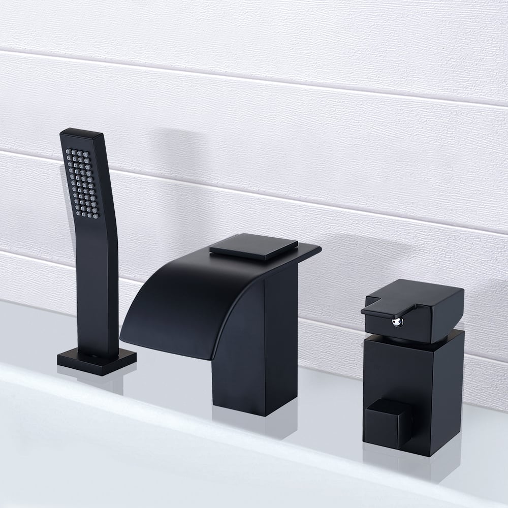 HMR - Modern Deck Mounted Waterfall Black Roman Tub Faucet & Hand Shower