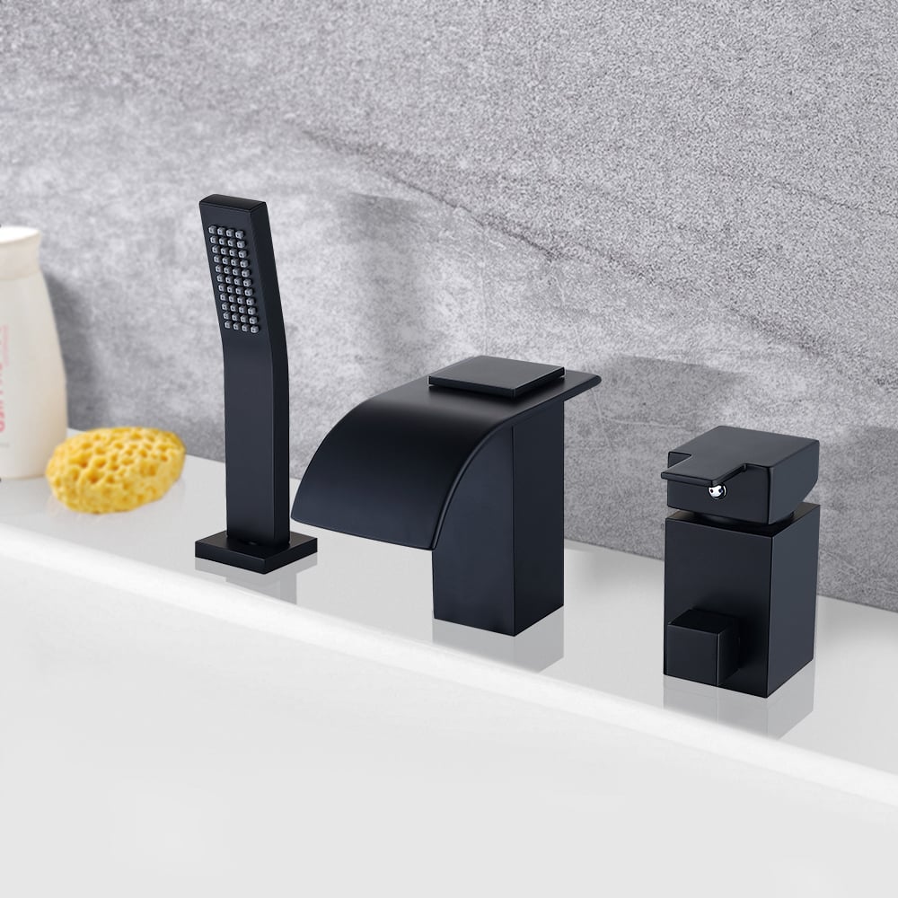 HMR - Modern Deck Mounted Waterfall Black Roman Tub Faucet & Hand Shower