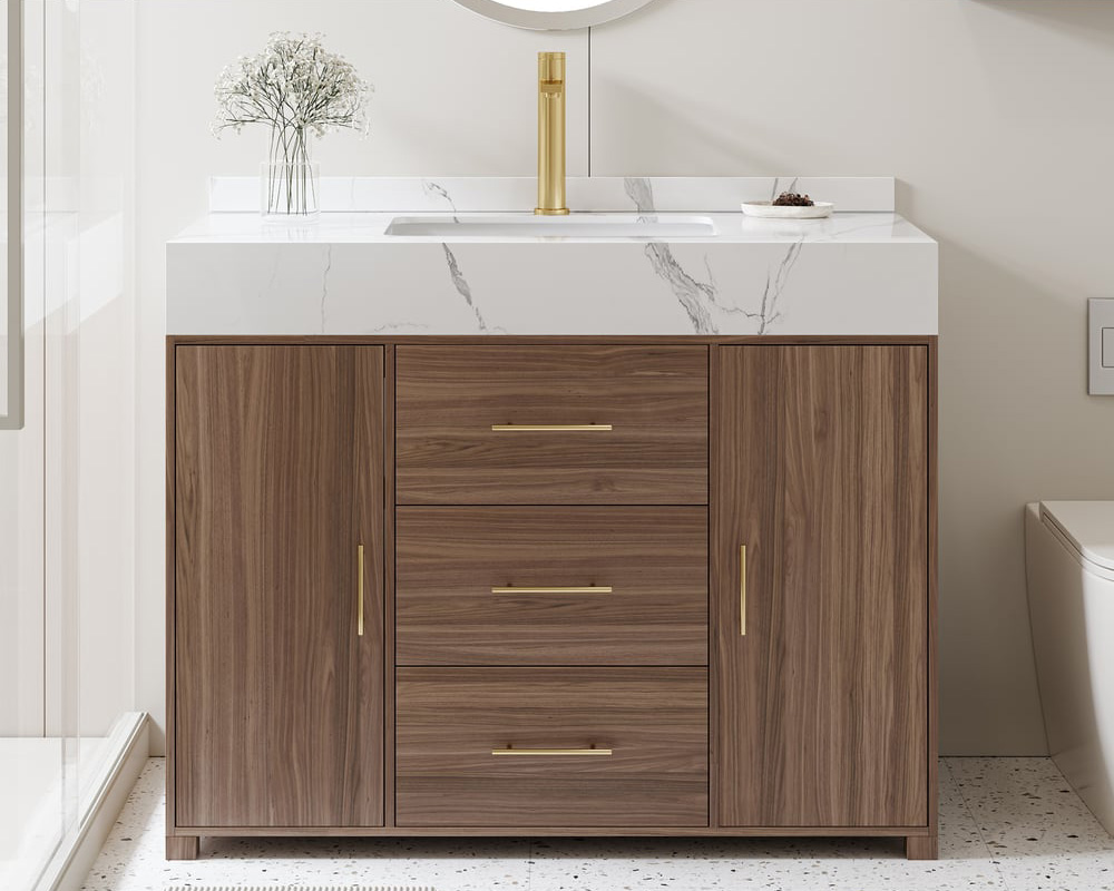 HMR 39" Modern Sintered Stone Top Bathroom Vanity Set with Sink - Walnut/Gold, Freestanding