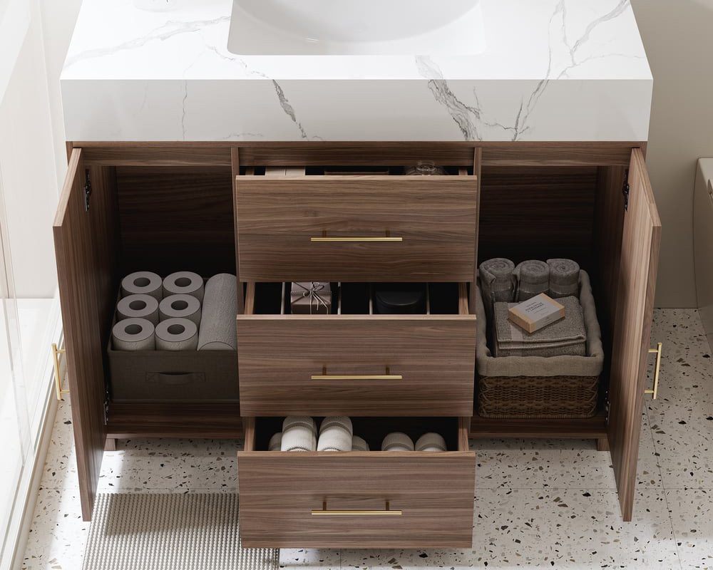 HMR 39" Modern Sintered Stone Top Bathroom Vanity Set with Sink - Walnut/Gold, Freestanding