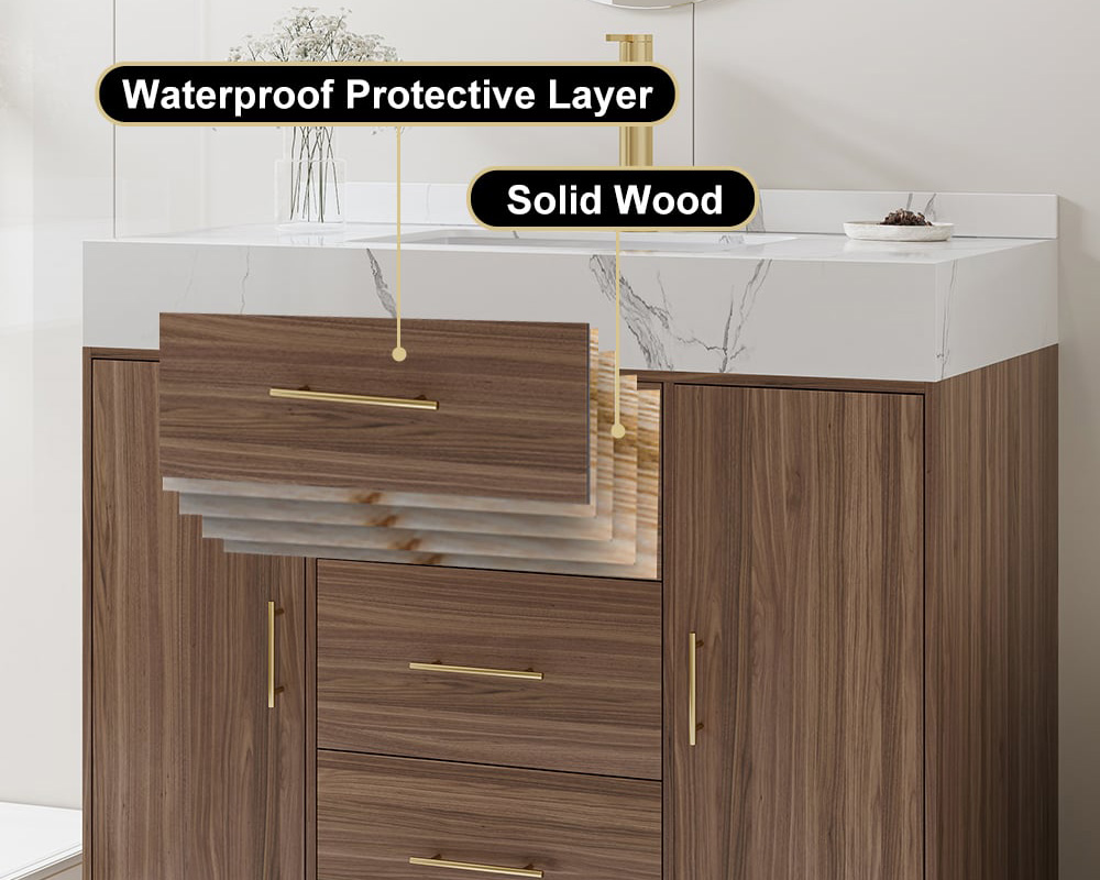 HMR 39" Modern Sintered Stone Top Bathroom Vanity Set with Sink - Walnut/Gold, Freestanding