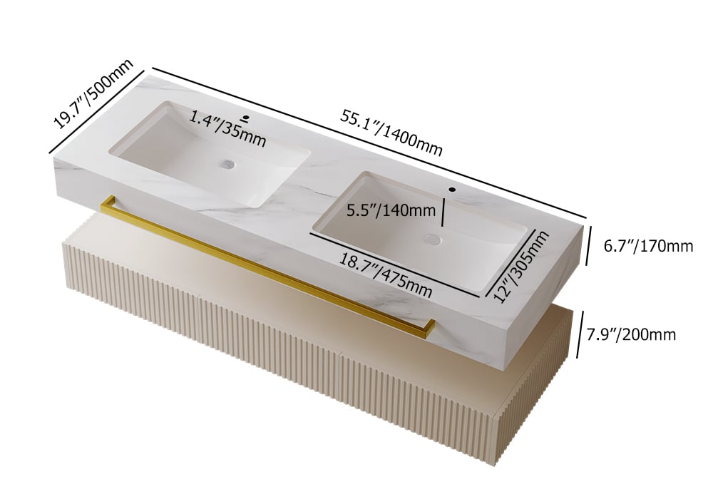 HMR - Bathroom Vanity Series 55.1" Modern Floating Bathroom Vanity White with Double Sinks