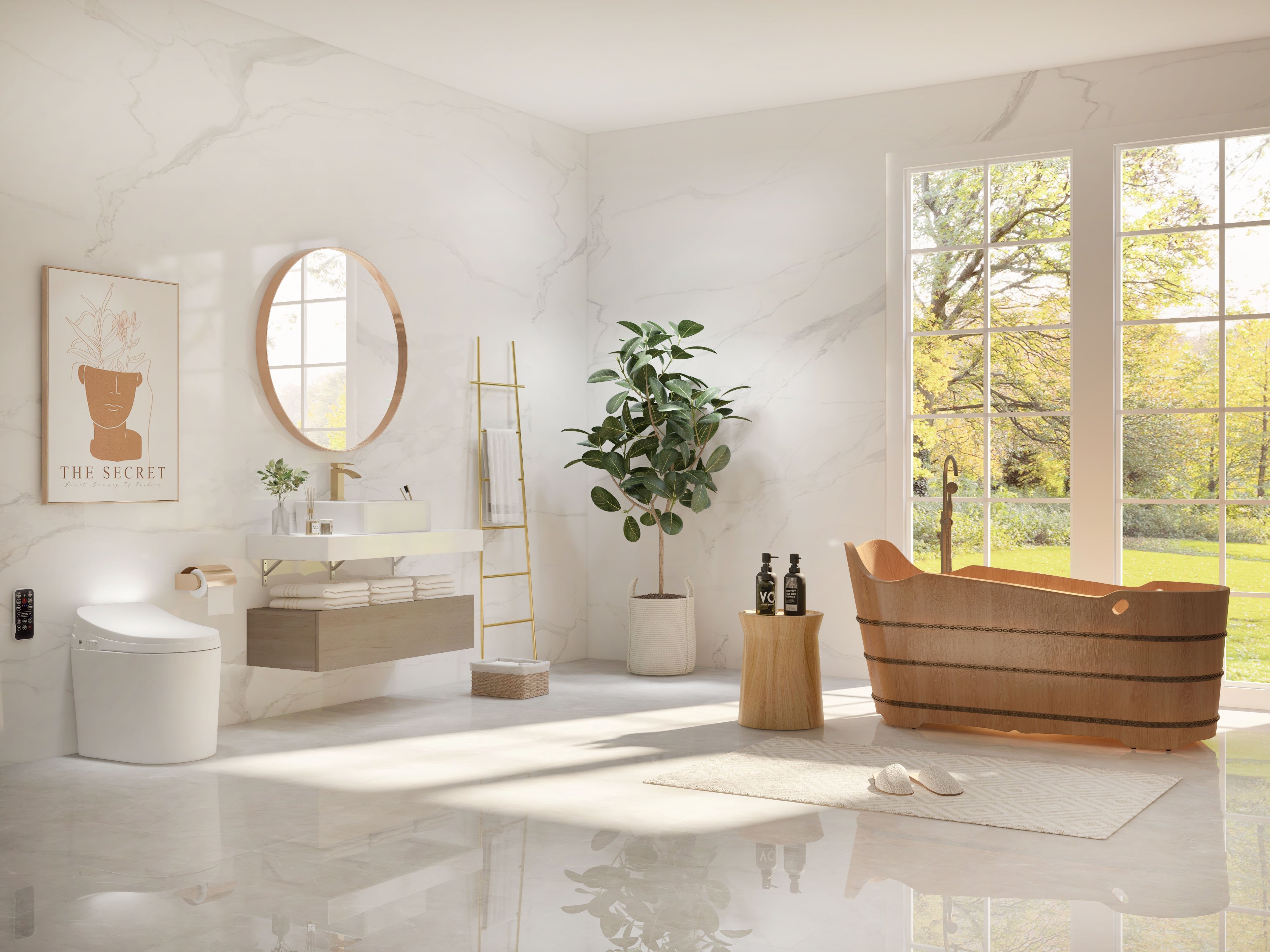 HMR - 59" Japanese Modern Oval Freestanding Oak Wood Soaking Bathtub Natural