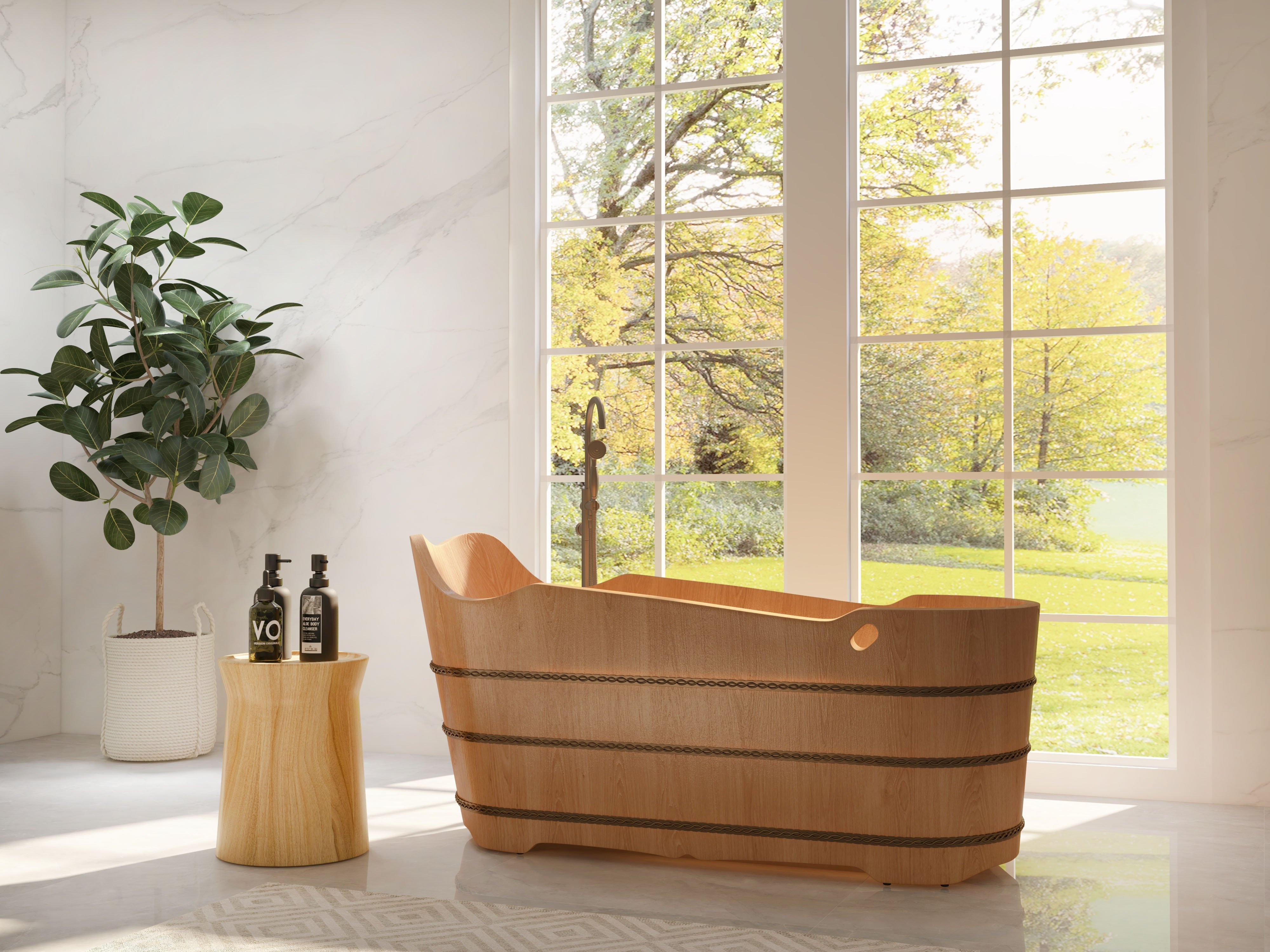 HMR - 59" Japanese Modern Oval Freestanding Oak Wood Soaking Bathtub Natural