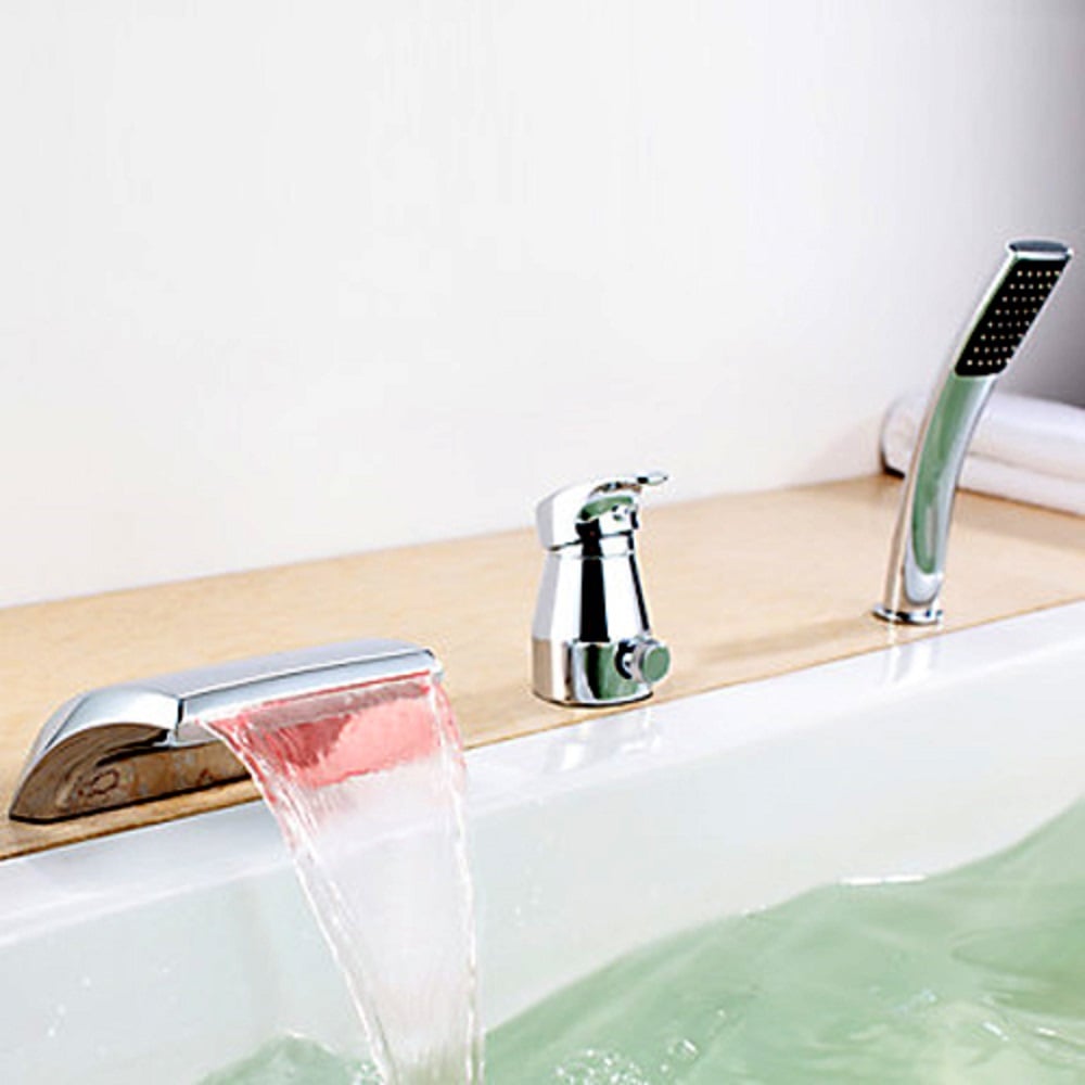 HMR - Waterfall Deck-Mount Modern Tub Faucet with Handshower in Chrome