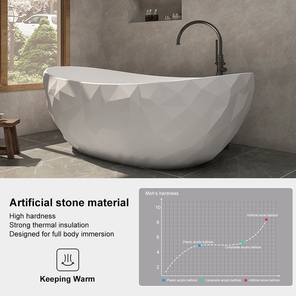 HMR - 64" Modern Oval Diamond-Cut Freestanding Soaking Bathtub White 95.1-Gallon Capacity