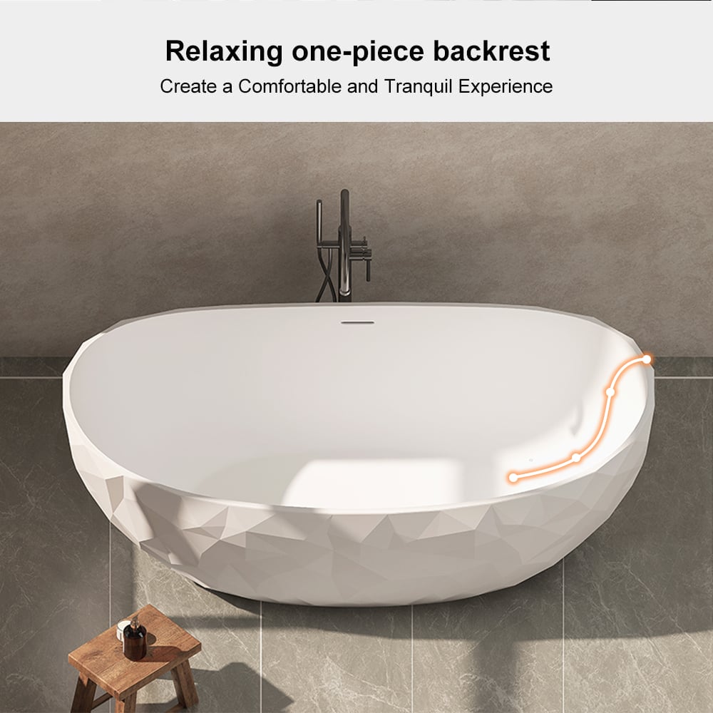 HMR - 64" Modern Oval Diamond-Cut Freestanding Soaking Bathtub White 95.1-Gallon Capacity