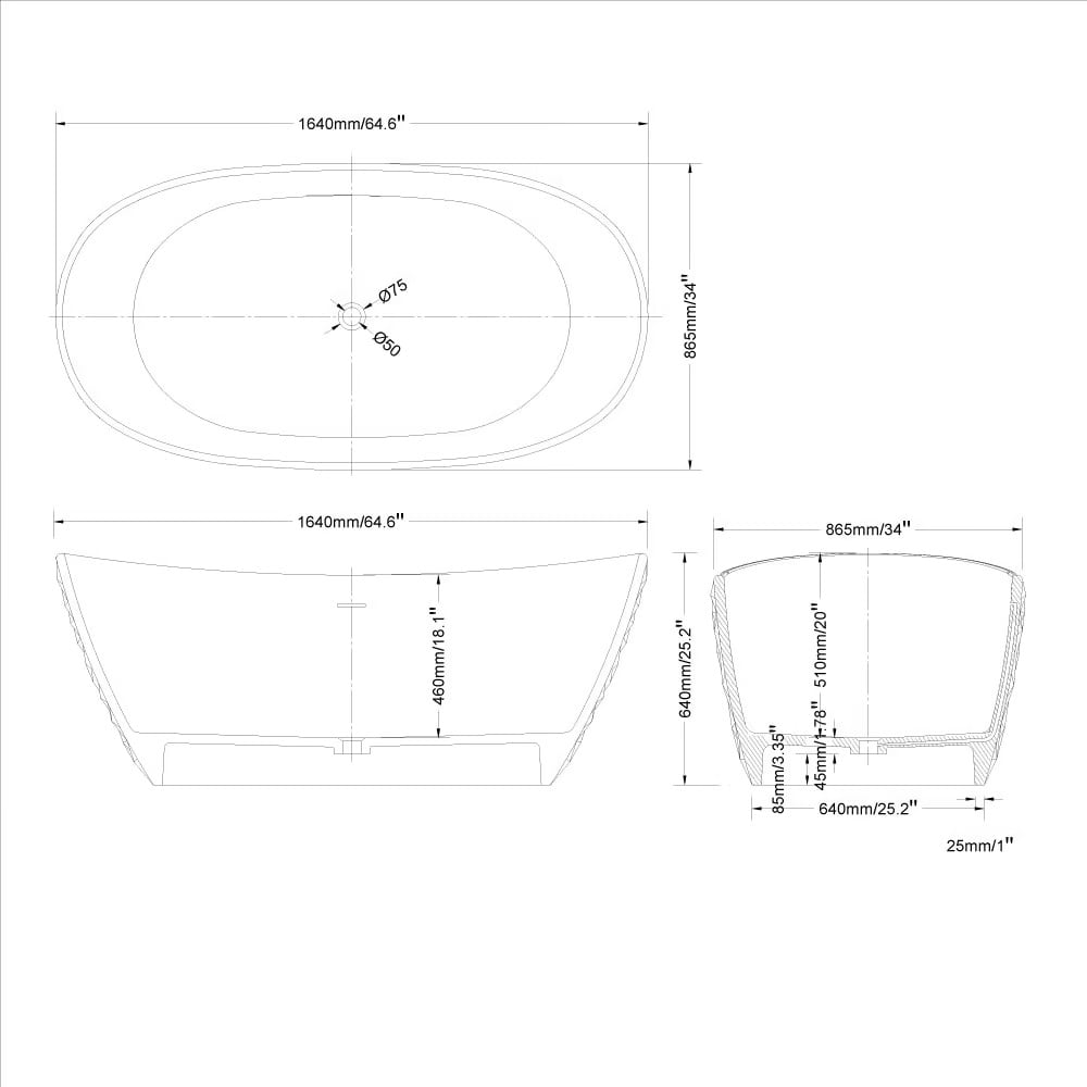 HMR - 64" Modern Oval Diamond-Cut Freestanding Soaking Bathtub White 95.1-Gallon Capacity