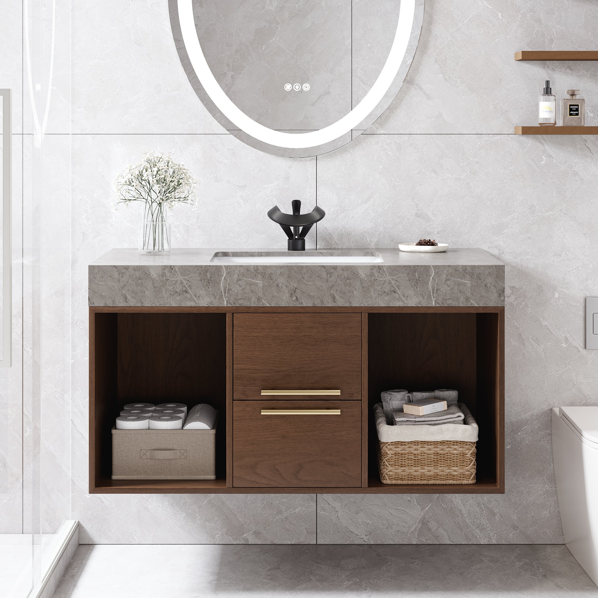 HMR Modern 39" Bathroom Vanity Set with Sink - Walnut