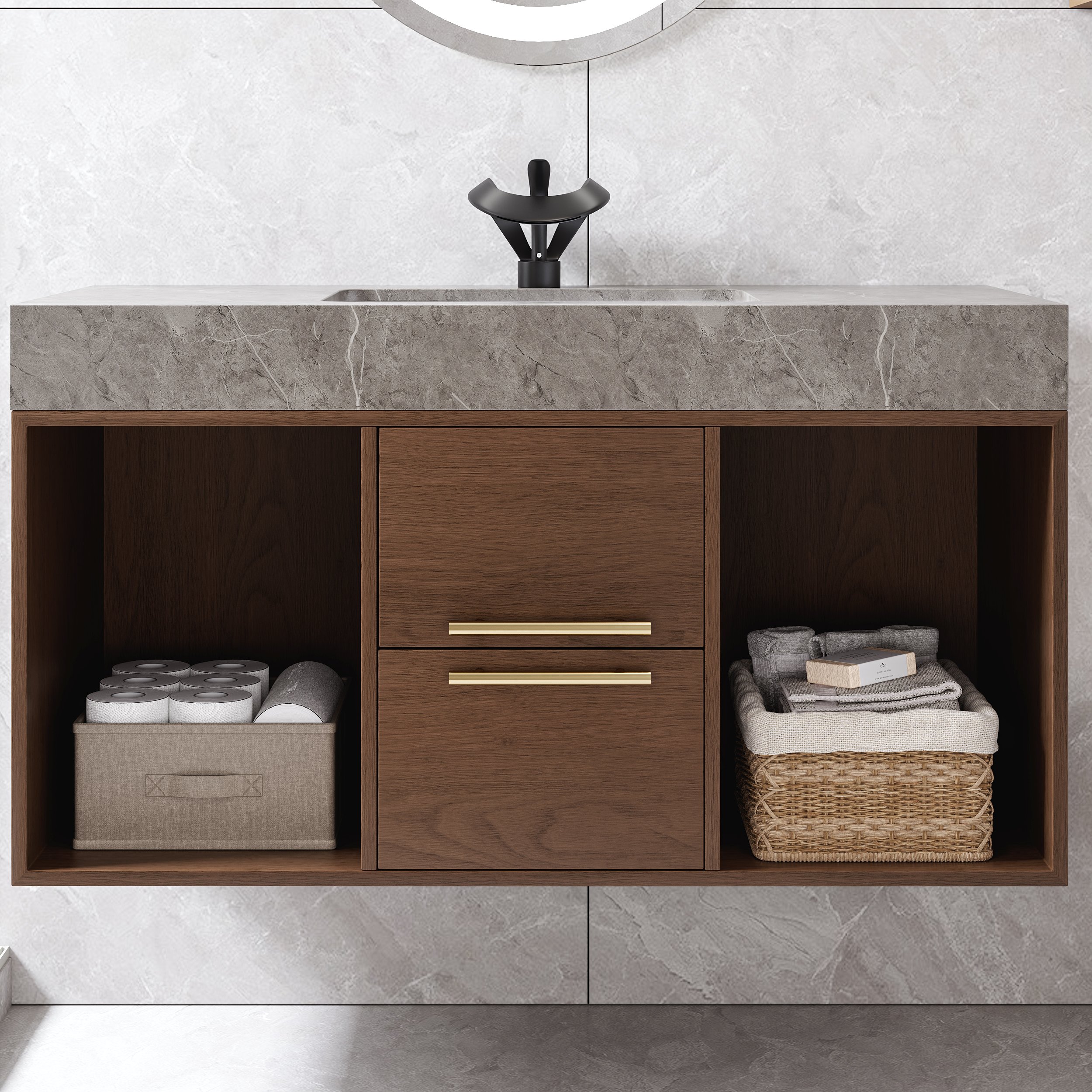 HMR Modern 39" Bathroom Vanity Set with Sink - Walnut