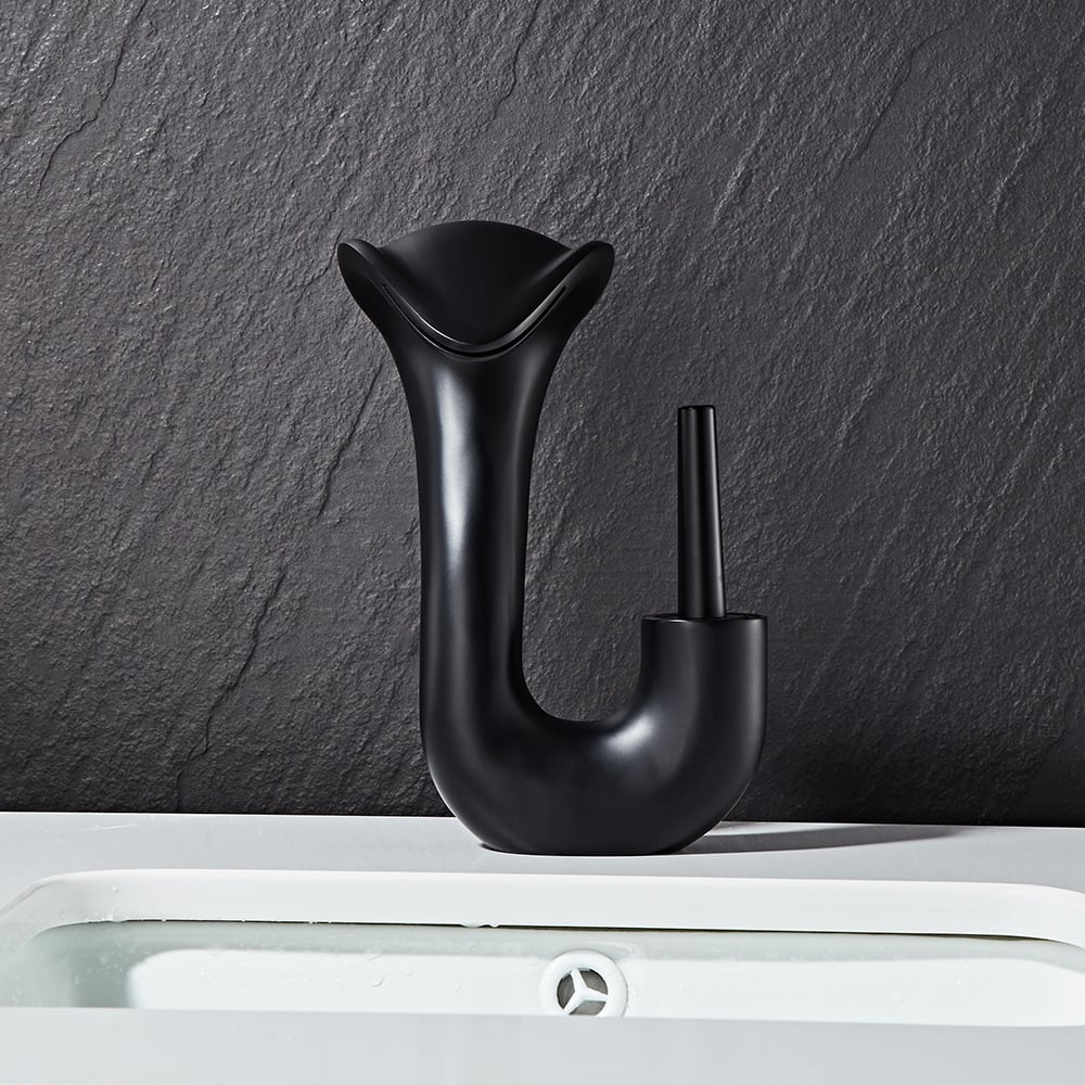 HMR - Modern Elegant Waterfall Bathroom Sink Faucet Single Handle Solid Brass in Black