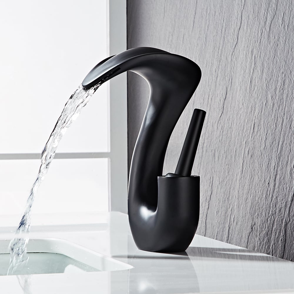 HMR - Modern Elegant Waterfall Bathroom Sink Faucet Single Handle Solid Brass in Black