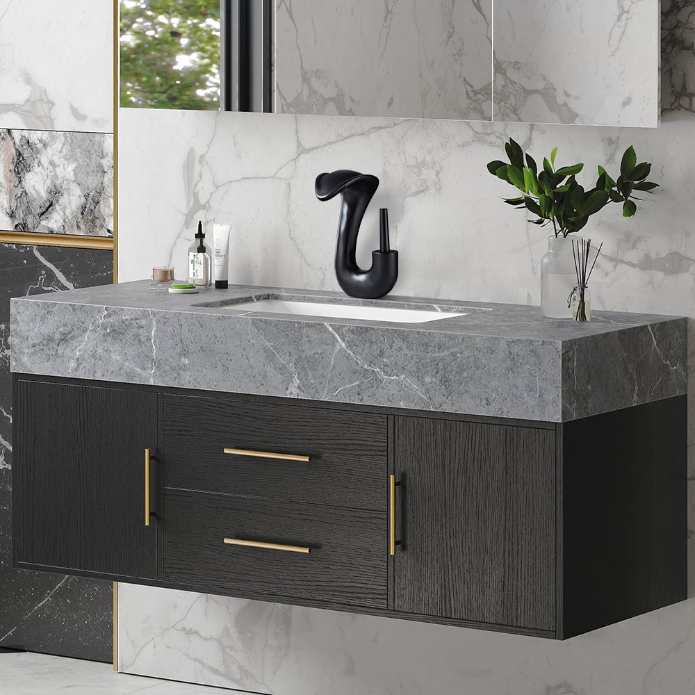 HMR - Modern Elegant Waterfall Bathroom Sink Faucet Single Handle Solid Brass in Black