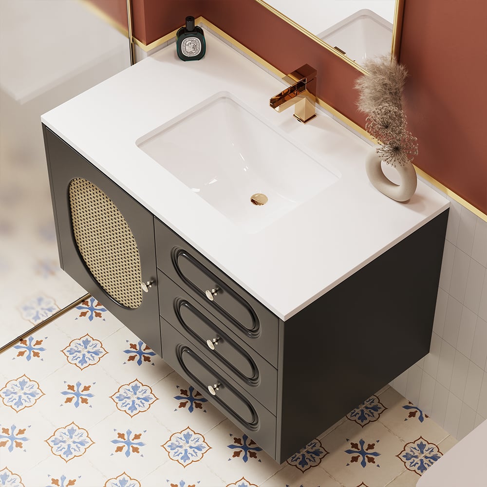 HMR - 31" Black Floating Bathroom Vanity Set Undermount Ceramic Sink with Rattan Door Cabinet
