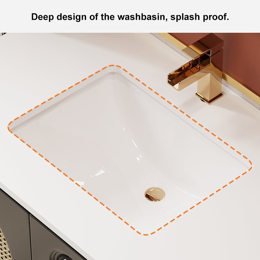 HMR - 31" Black Floating Bathroom Vanity Set Undermount Ceramic Sink with Rattan Door Cabinet