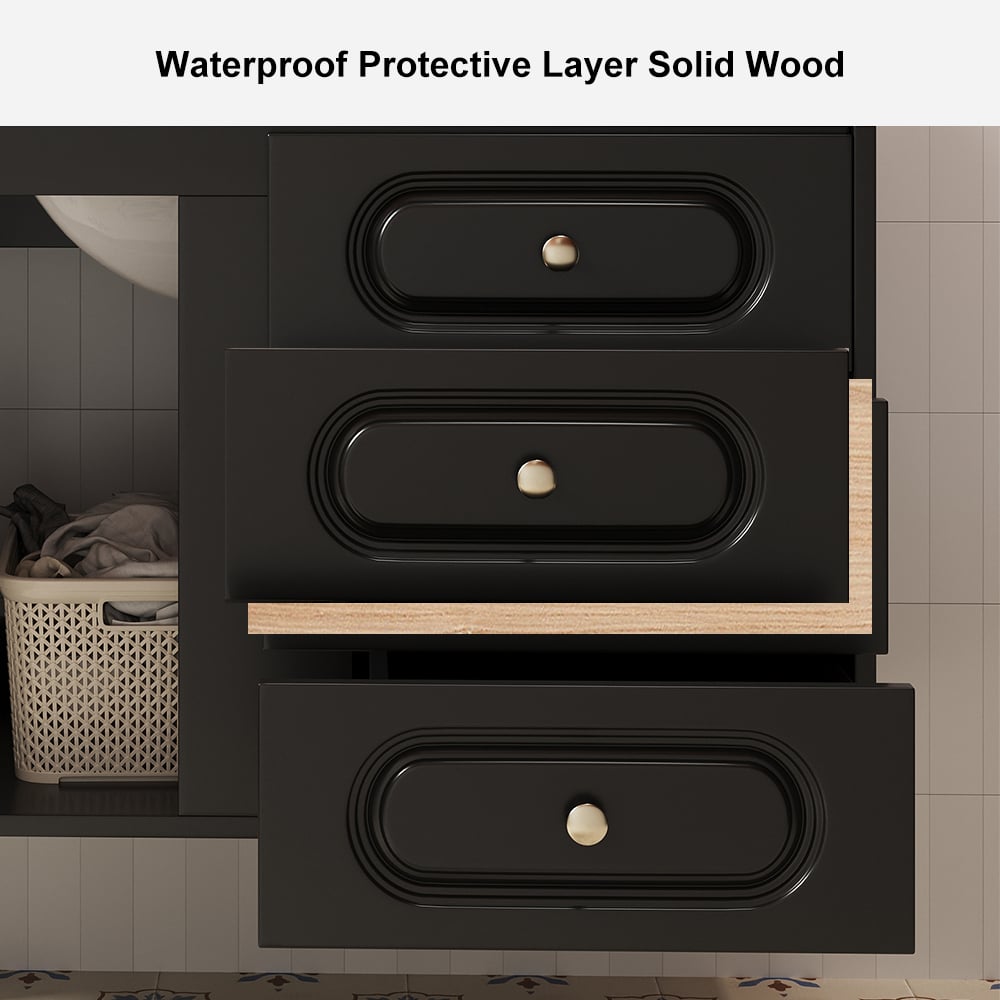 HMR - 31" Black Floating Bathroom Vanity Set Undermount Ceramic Sink with Rattan Door Cabinet