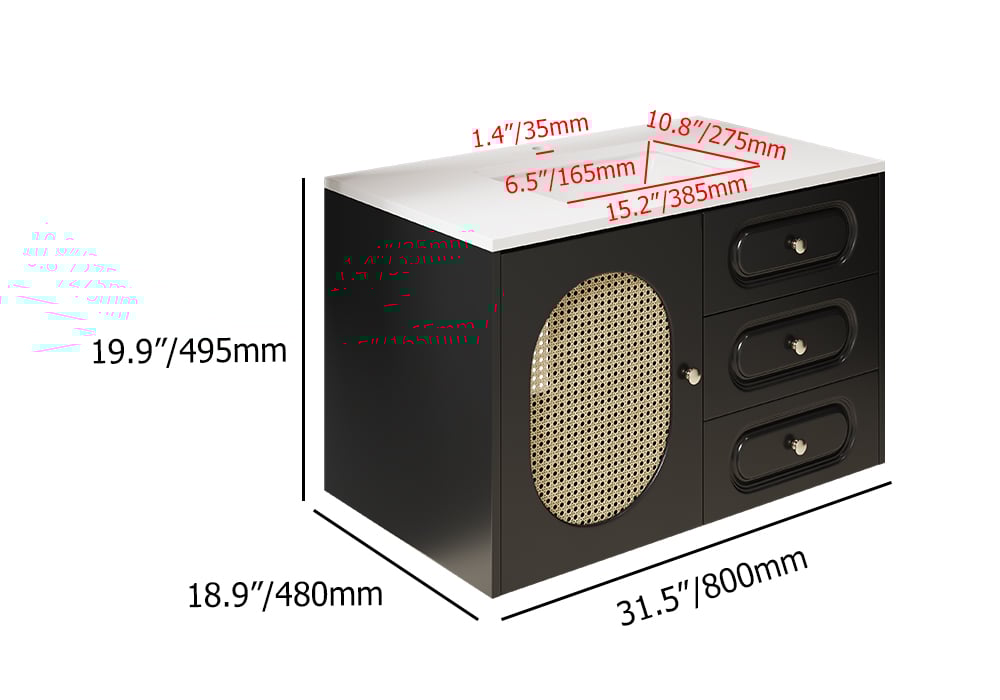 HMR - 31" Black Floating Bathroom Vanity Set Undermount Ceramic Sink with Rattan Door Cabinet