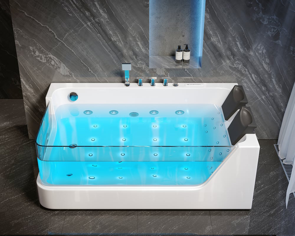 HMR 71'' Double Massage Bathtub with Ambient Lighting and Thermostat Control - White