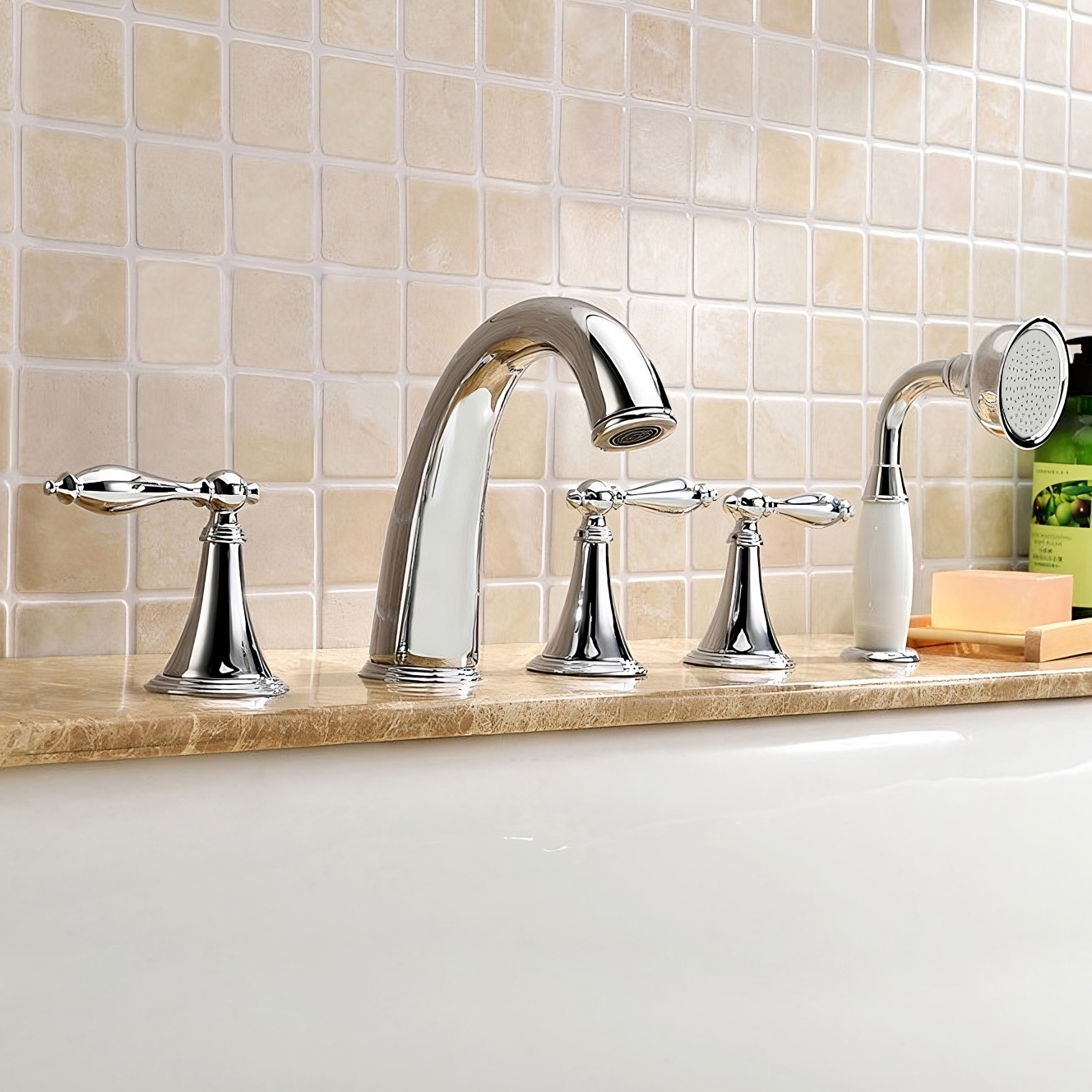 HMR - Deck Mounted Roman Bathtub Faucet with Handshower Solid Brass
