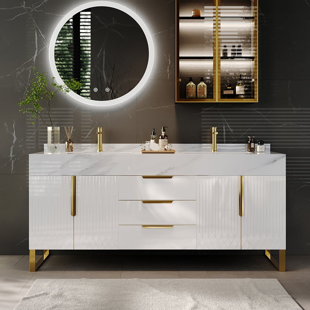 HMR Aro Freestanding Single Sink Bathroom Vanity Drawers Doors Faux Marble Top - White & Gold, Freestanding, Double