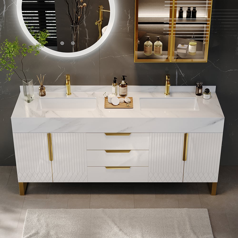 HMR Aro Freestanding Single Sink Bathroom Vanity Drawers Doors Faux Marble Top - White & Gold, Freestanding, Double