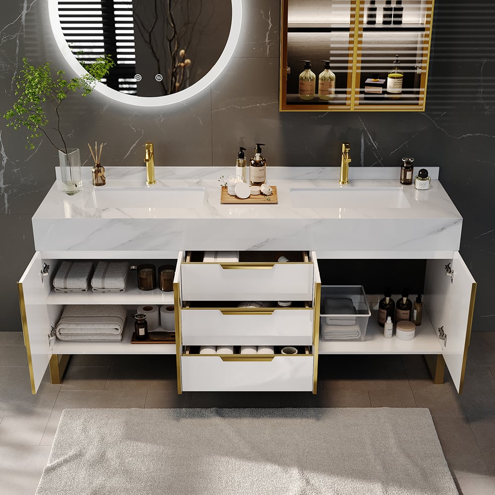 HMR Aro Freestanding Single Sink Bathroom Vanity Drawers Doors Faux Marble Top - White & Gold, Freestanding, Double