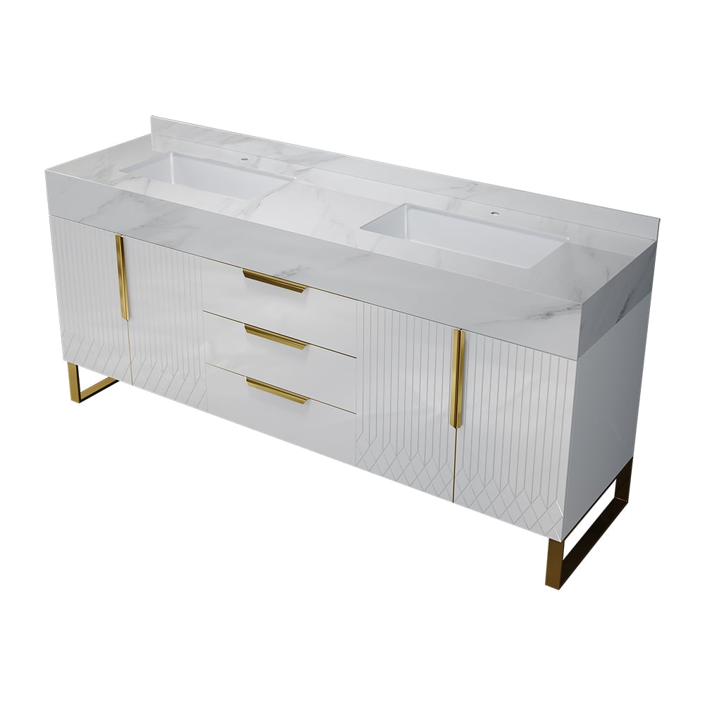 HMR Aro Freestanding Single Sink Bathroom Vanity Drawers Doors Faux Marble Top - White & Gold, Freestanding, Double