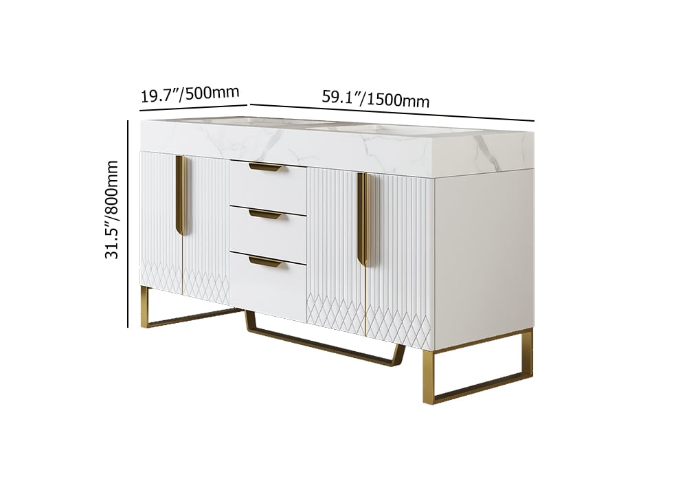 HMR Aro Freestanding Single Sink Bathroom Vanity Drawers Doors Faux Marble Top - White & Gold, Freestanding, Double