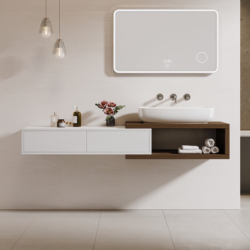 HMR - 41"-63" Extendable Floating Bathroom Vanity Set Wall Mounted Vanity in White & Walnut