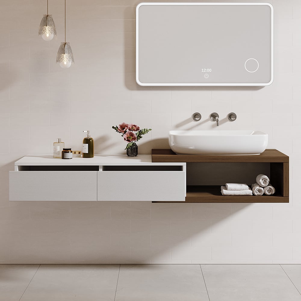 HMR - 41"-63" Extendable Floating Bathroom Vanity Set Wall Mounted Vanity in White & Walnut