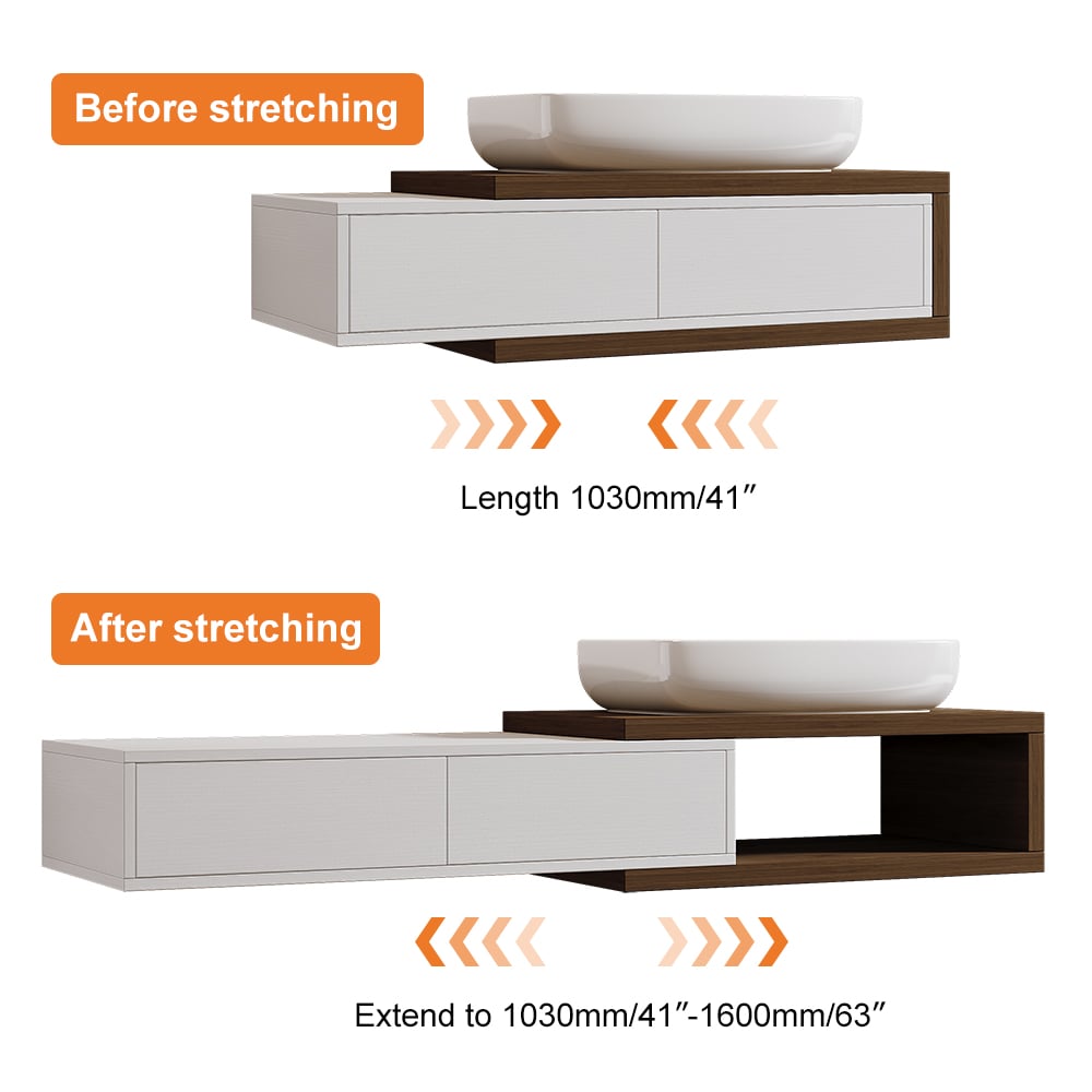 HMR - 41"-63" Extendable Floating Bathroom Vanity Set Wall Mounted Vanity in White & Walnut