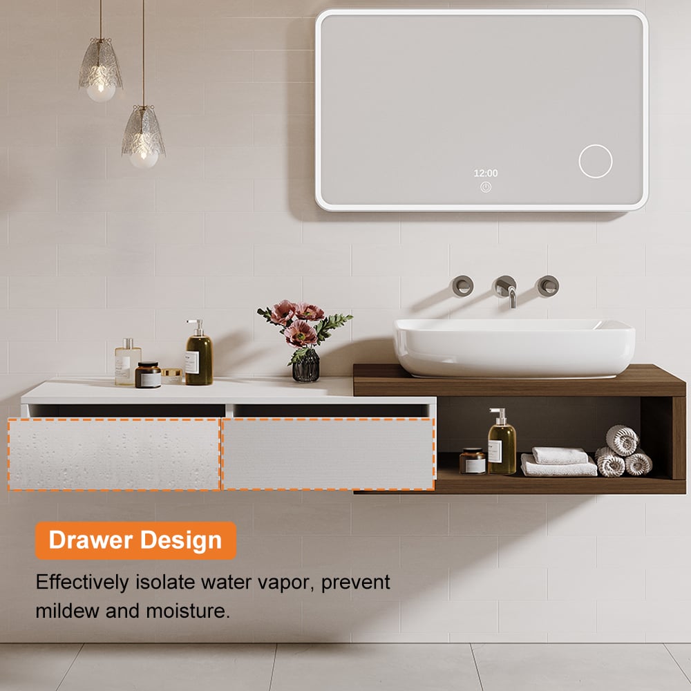 HMR - 41"-63" Extendable Floating Bathroom Vanity Set Wall Mounted Vanity in White & Walnut