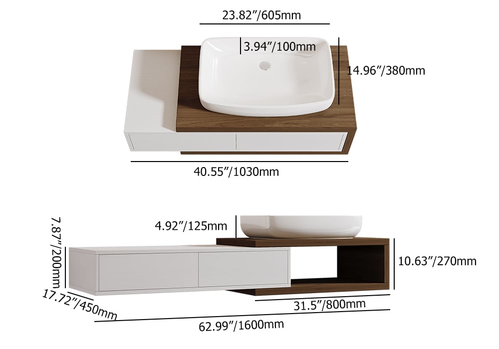 HMR - 41"-63" Extendable Floating Bathroom Vanity Set Wall Mounted Vanity in White & Walnut