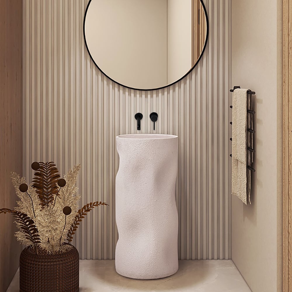 HMR - 34" Tall Japandi Stone Resin Freestanding Bathroom Sink Cylinder Pedestal Sink in Beige