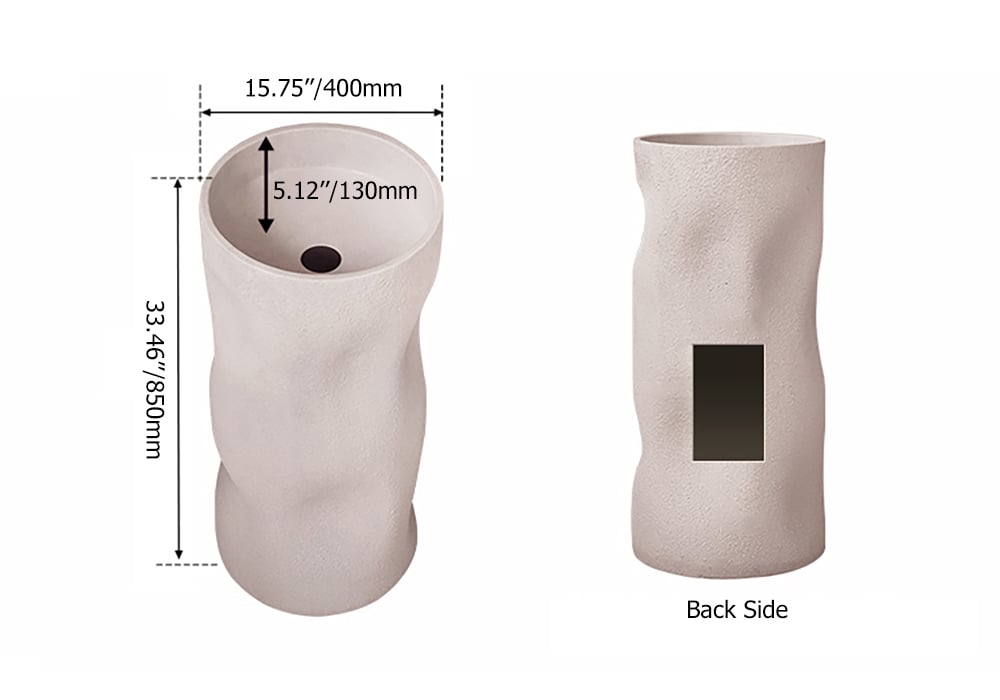 HMR - 34" Tall Japandi Stone Resin Freestanding Bathroom Sink Cylinder Pedestal Sink in Beige