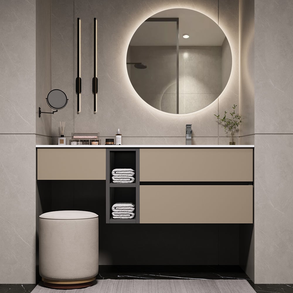 HMR - 40" Modern Floating Bathroom Vanity Set with Single Sink & a Makeup Countertop in Khaki