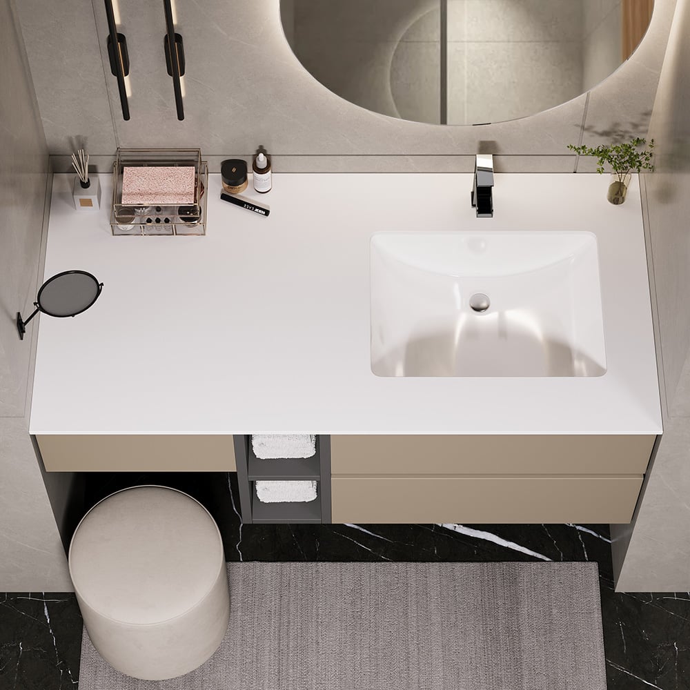 HMR - 40" Modern Floating Bathroom Vanity Set with Single Sink & a Makeup Countertop in Khaki
