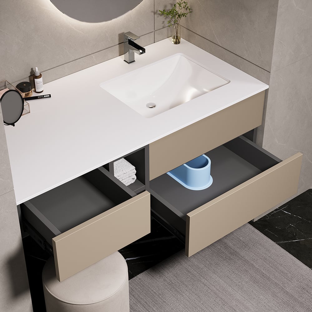 HMR - 40" Modern Floating Bathroom Vanity Set with Single Sink & a Makeup Countertop in Khaki