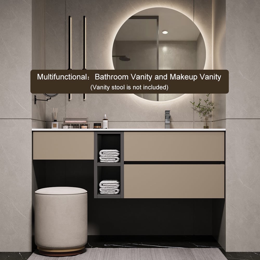HMR - 40" Modern Floating Bathroom Vanity Set with Single Sink & a Makeup Countertop in Khaki