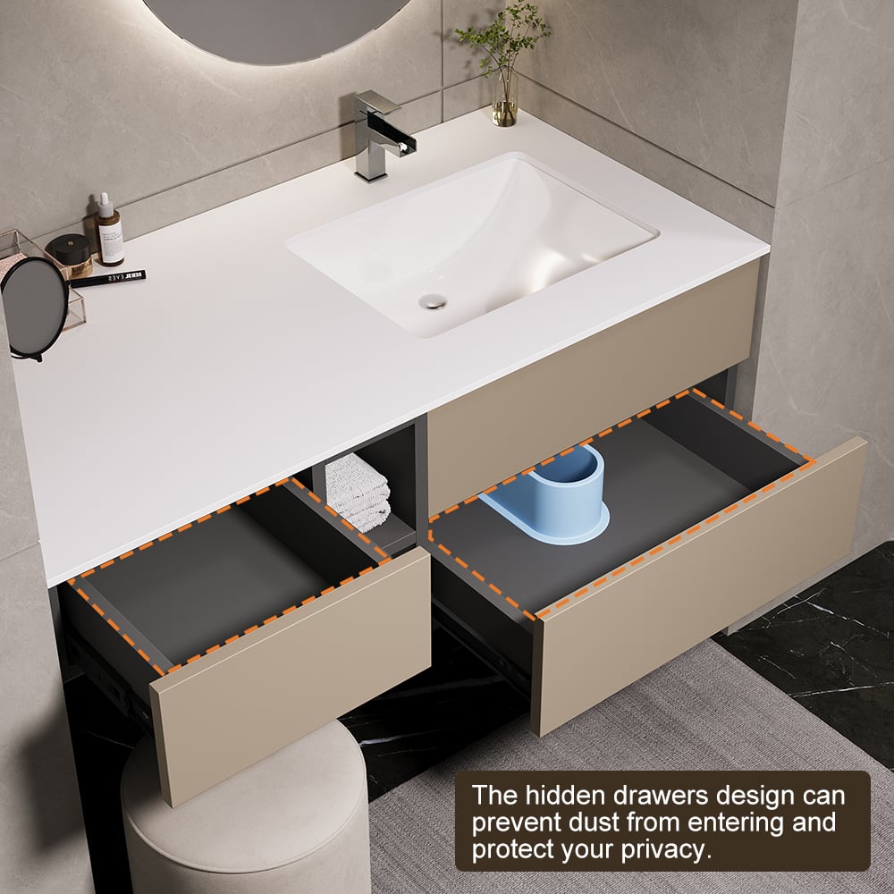HMR - 40" Modern Floating Bathroom Vanity Set with Single Sink & a Makeup Countertop in Khaki