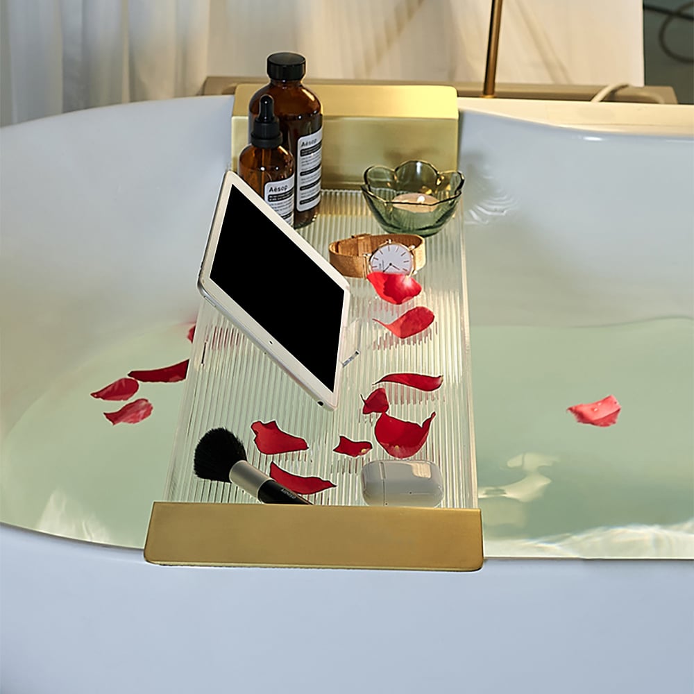 HMR - 24"-29" Acrylic & Aluminum Extendable Bathtub Tray in Clear & Gold Bathroom Caddy Shelf