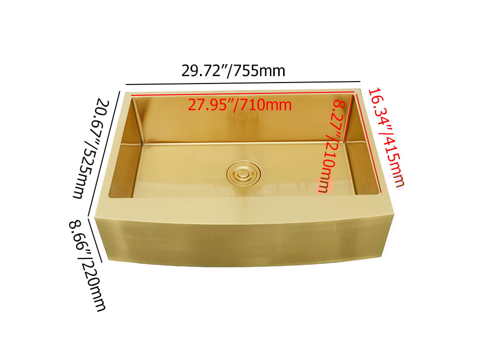 HMR - 30" Stainless Steel Farmhouse Apron-Front Kitchen Sink with Single Bowl in Gold
