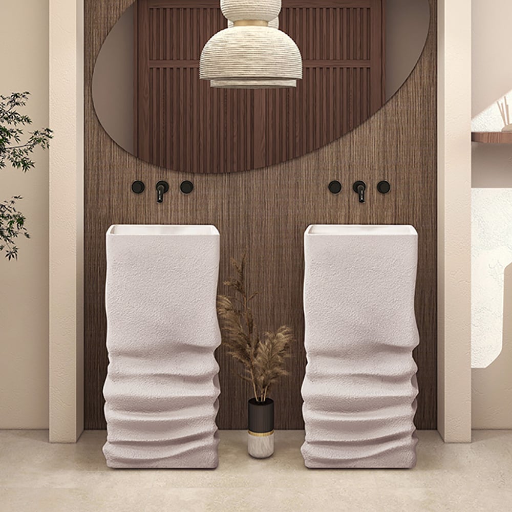 HMR - 34" Tall Japandi Stone Resin Freestanding Bathroom Sink Farmhouse Pedestal Sink in Beige