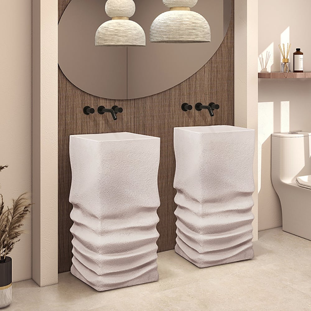HMR - 34" Tall Japandi Stone Resin Freestanding Bathroom Sink Farmhouse Pedestal Sink in Beige