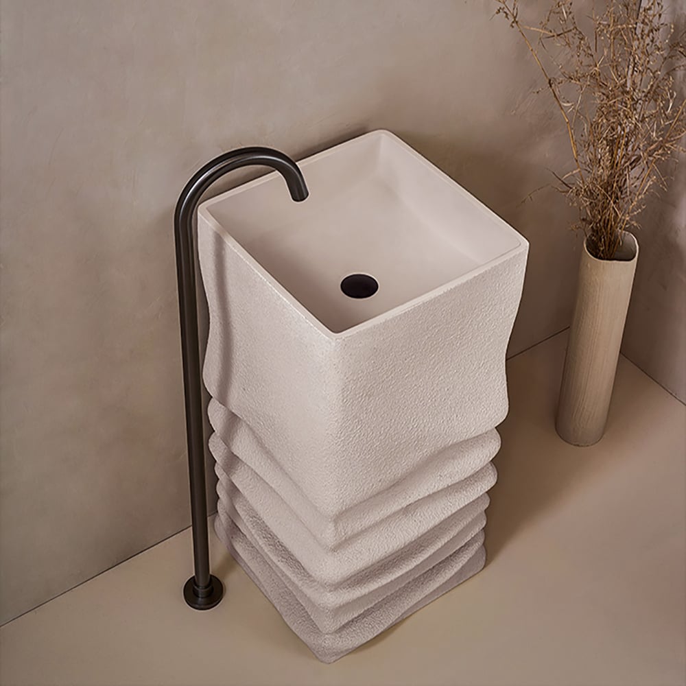 HMR - 34" Tall Japandi Stone Resin Freestanding Bathroom Sink Farmhouse Pedestal Sink in Beige
