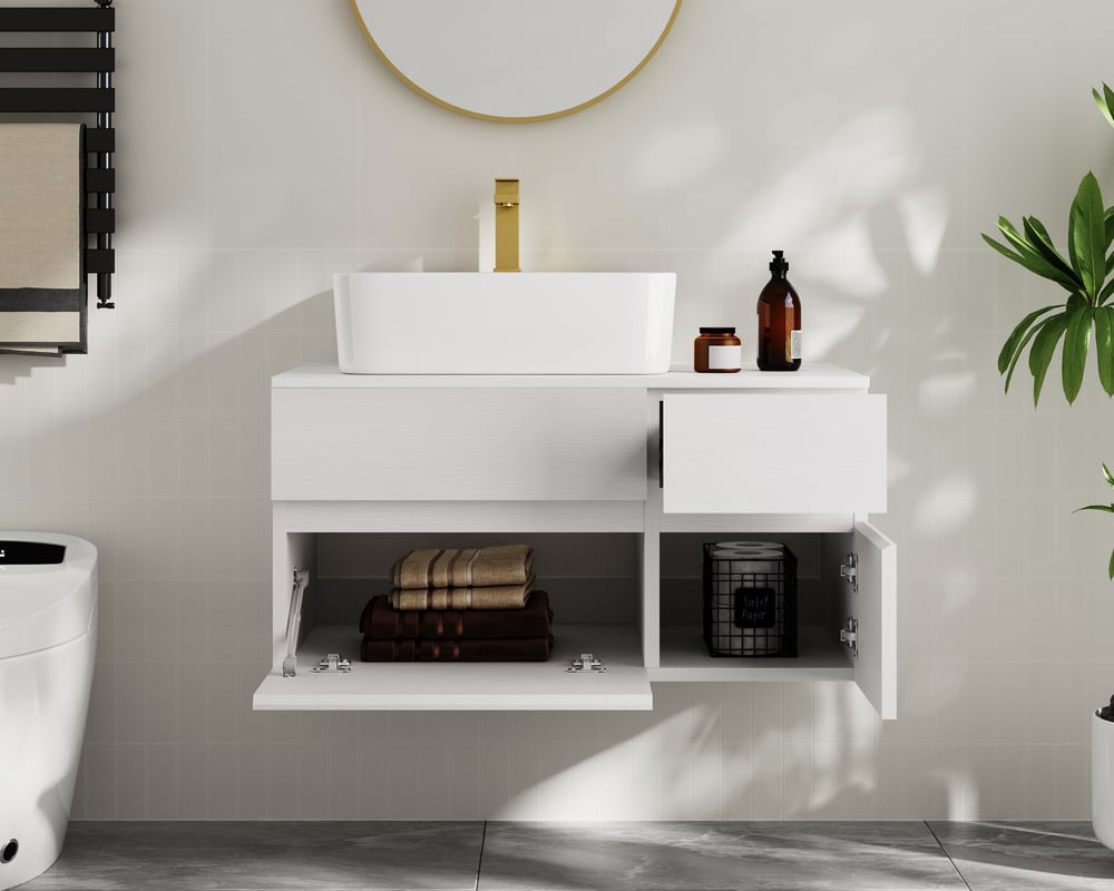 HMR Modern Floating Bathroom Vanity Set with Faux Marble Top & Double Ceramic with Vessel Sink - White, 31.5"